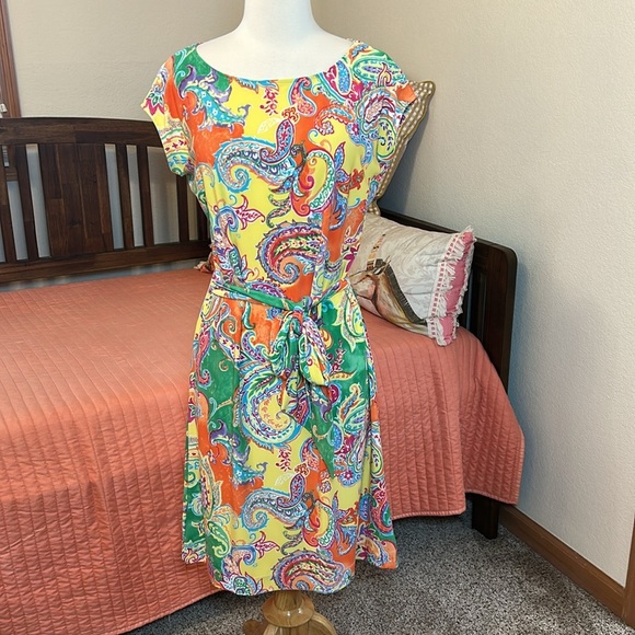 LAUREN RALPH LAUREN Multicolor Paisley Knit‎ Belted Sheath Dress size Medium - Picture 3 of 13